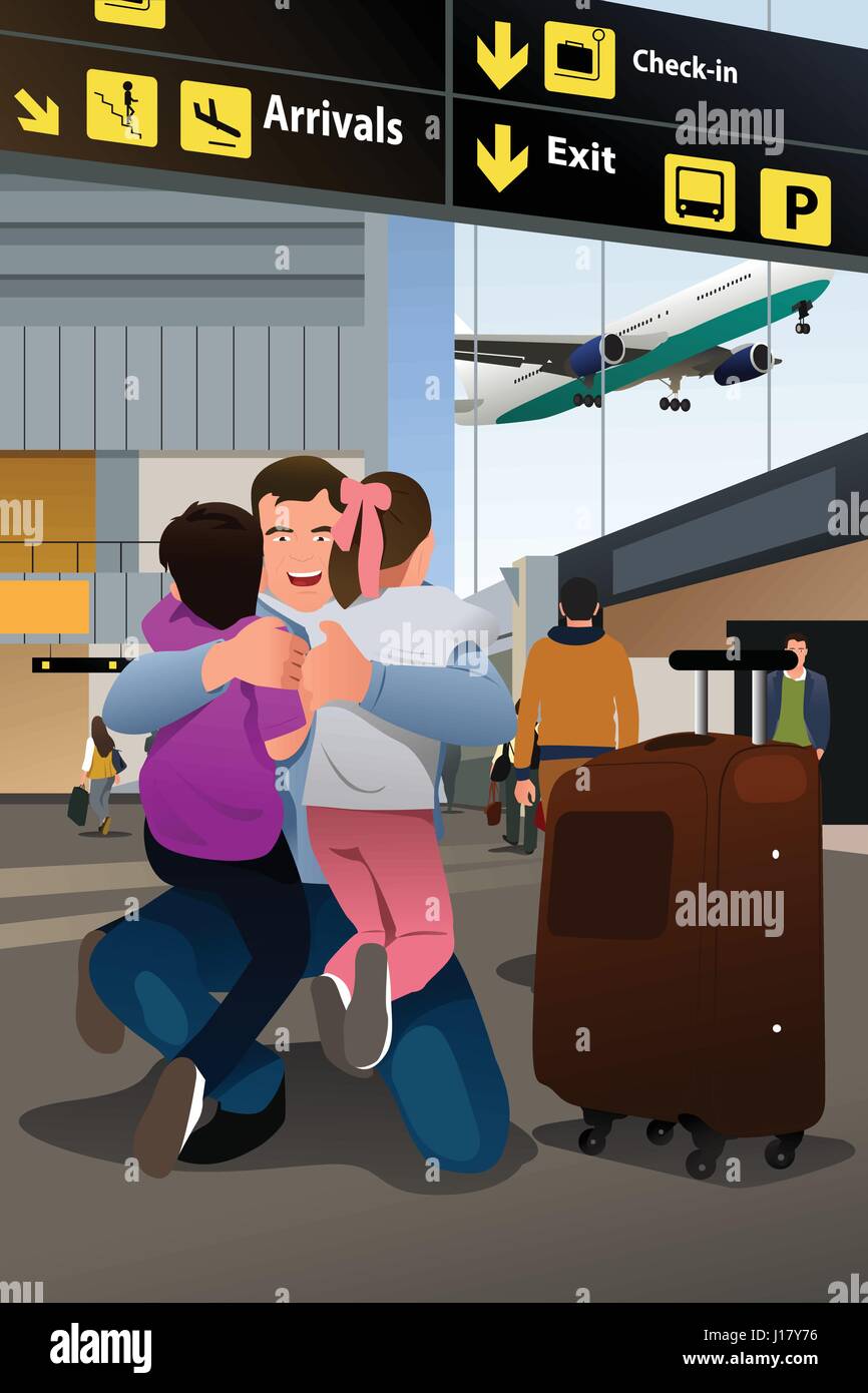 A vector illustration of kids reunion with their father at airport