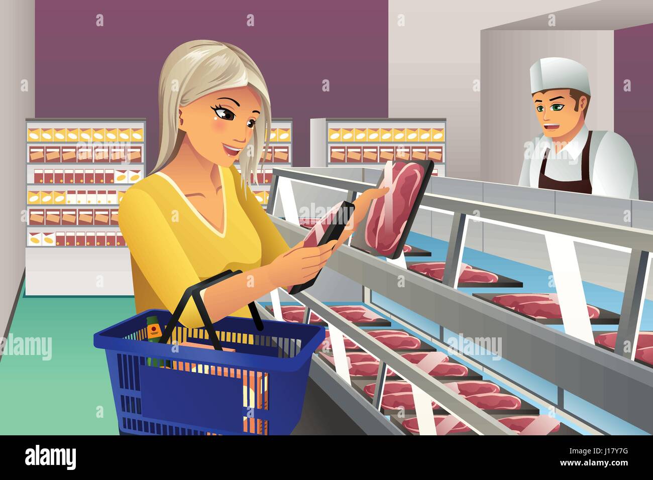 A vector illustration of woman choosing a frozen meat at supermarket