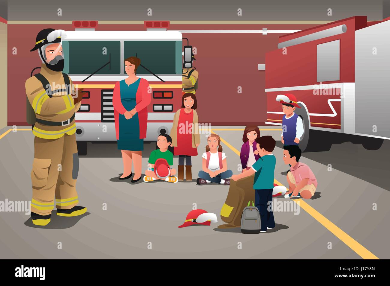 A vector illustration of school kids visiting a fire station for education concept Stock Vector