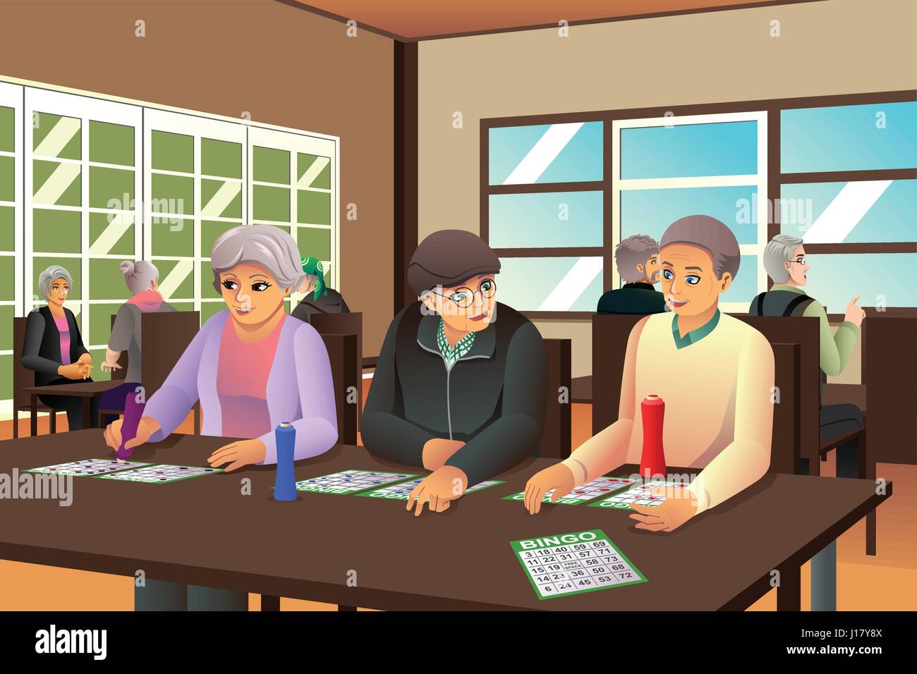 A vector illustration of happy elderly playing bingo together Stock Vector