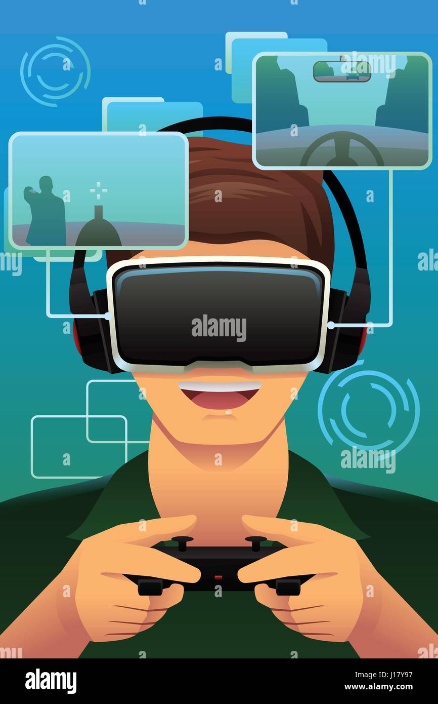 A vector illustration of man playing with virtual reality headset Stock ...