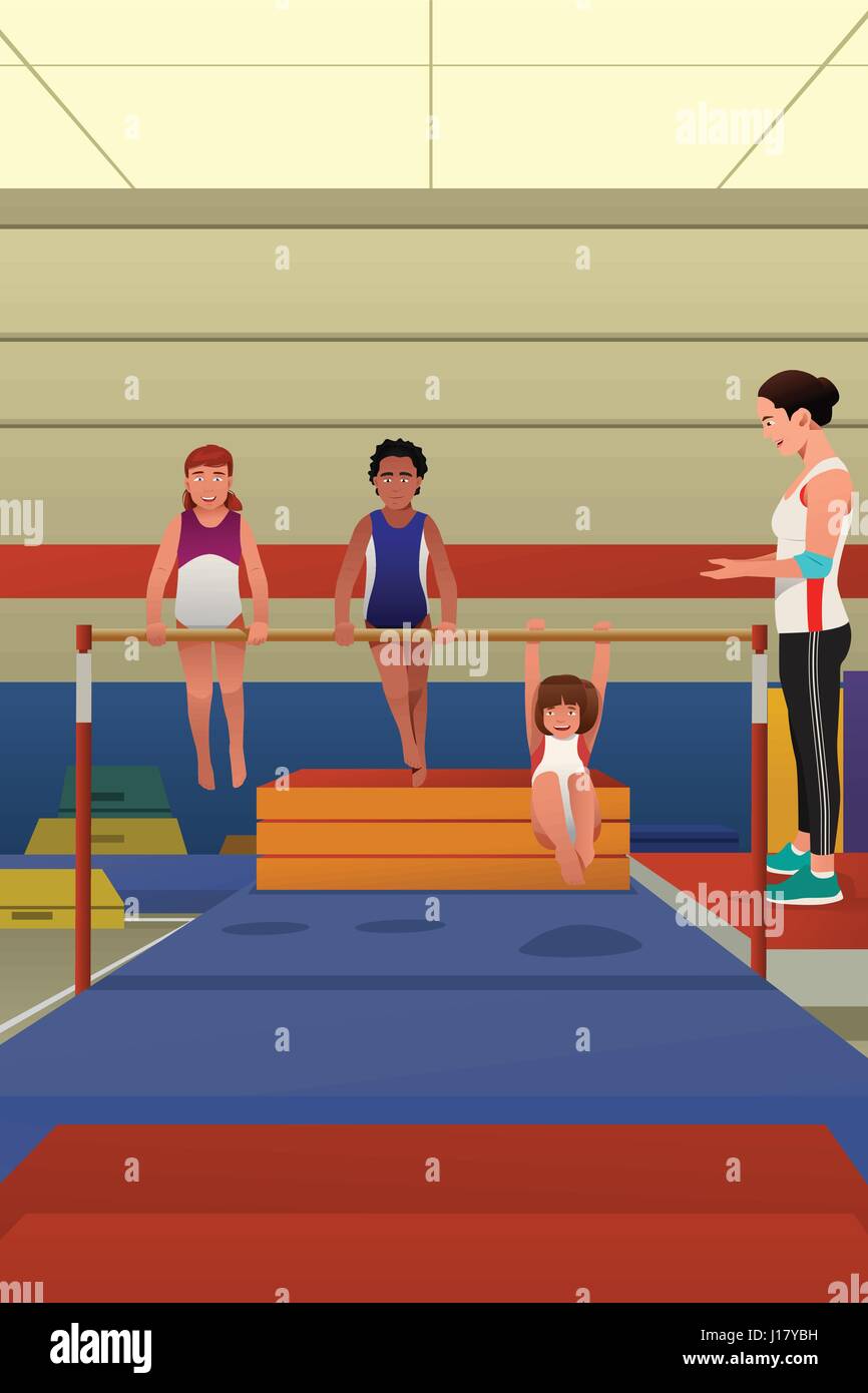 A vector illustration of little girls playing and hanging on horizontal ...