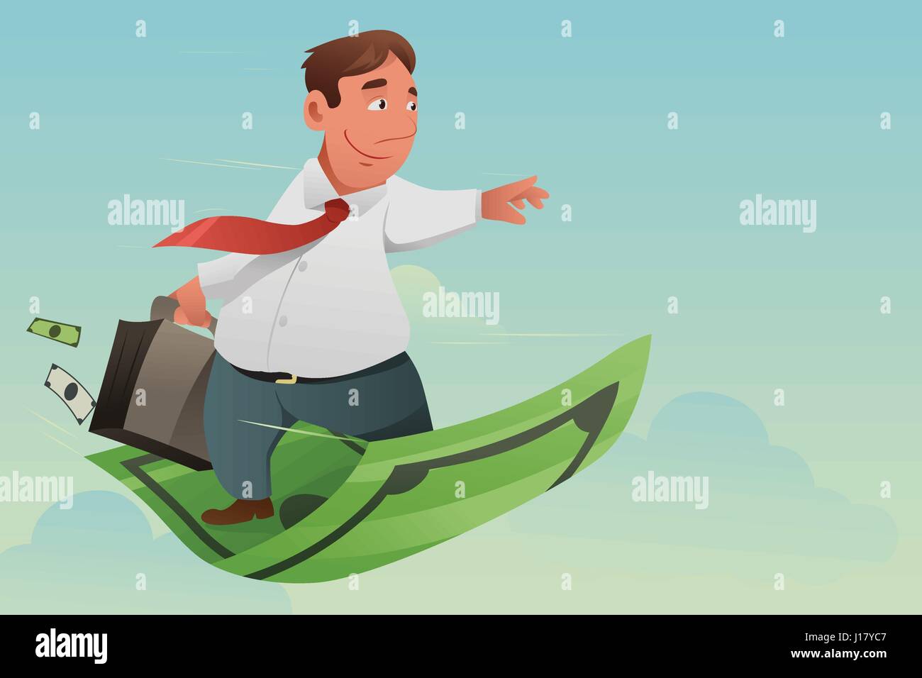 A vector illustration of businessman flying off money carpet for financial concept Stock Vector