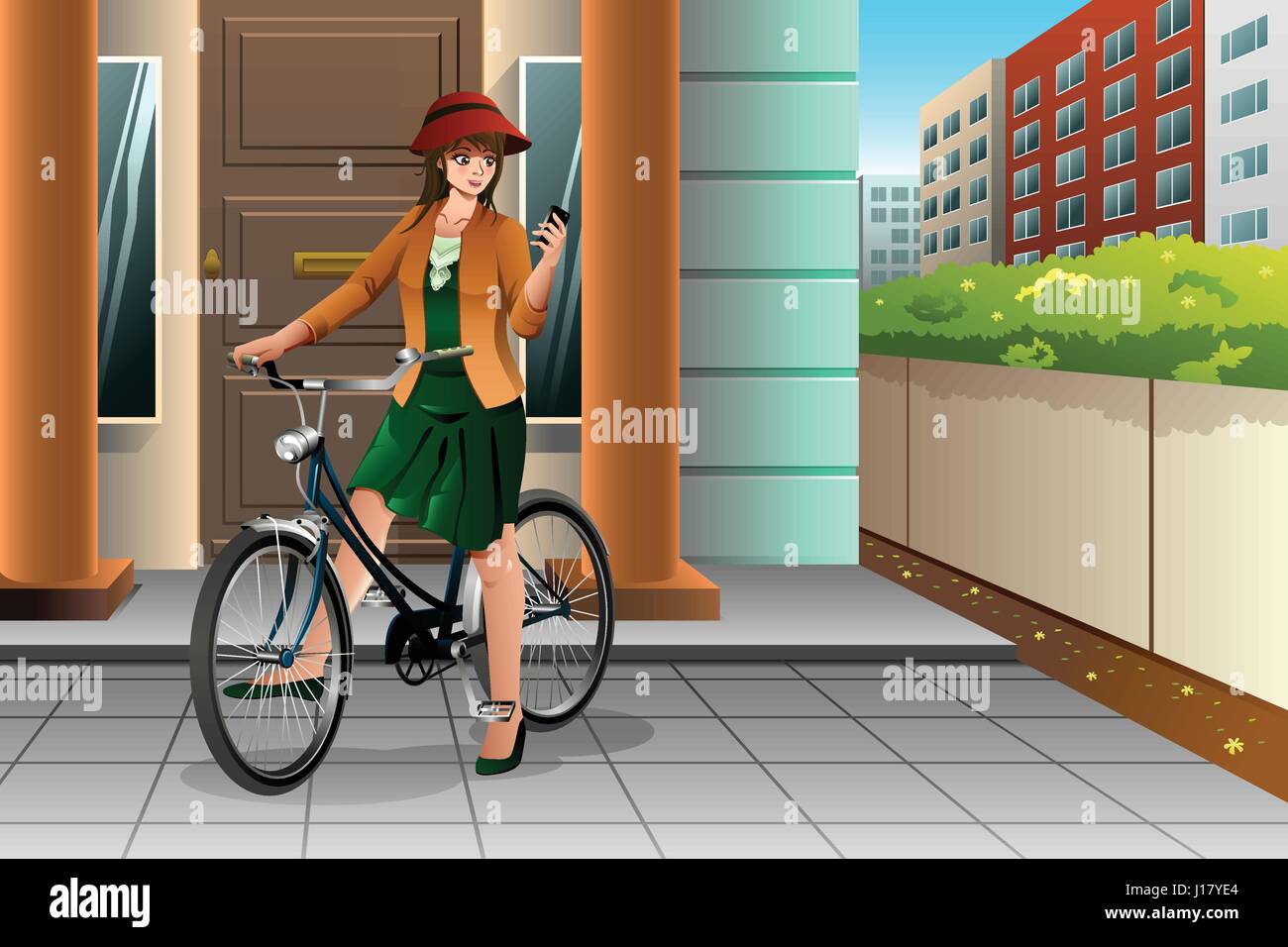 A vector illustration of a woman looking at her phone while riding a bike Stock Vector