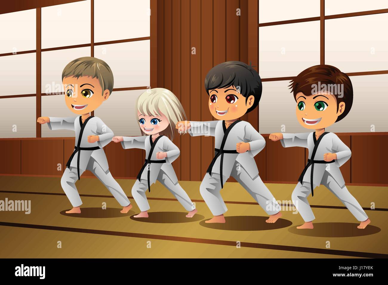 A vector illustration of Kids Practicing Martial Arts in the Dojo Stock Vector