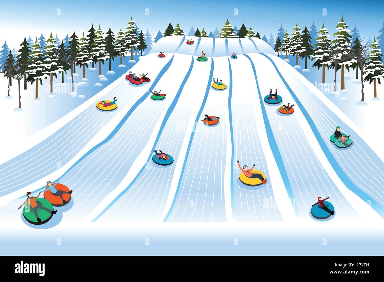 A vector illustration of People Having Fun Sledding on Tubing Hill During Winter Stock Vector