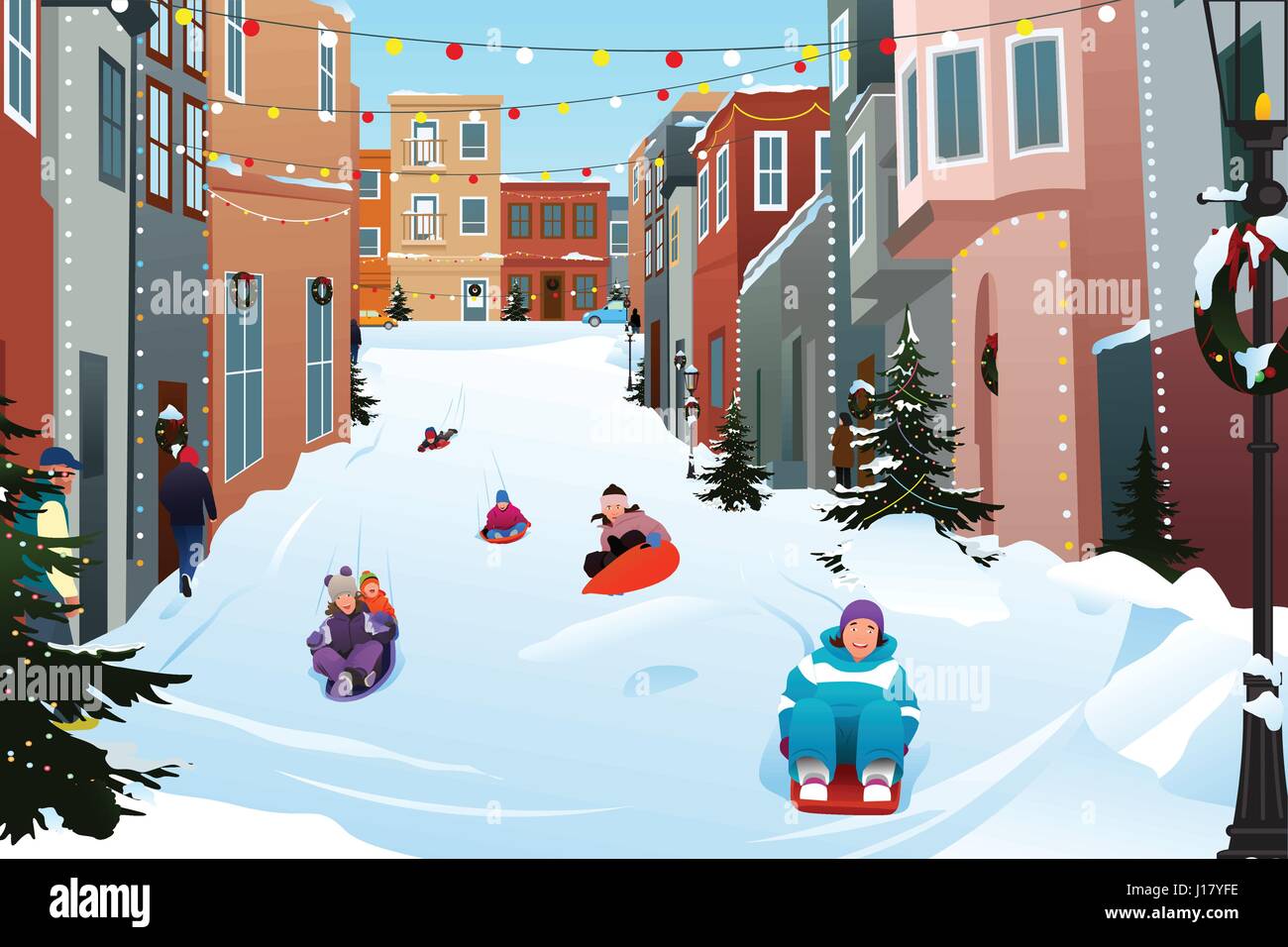 A vector illustration of Kids Sledding on a Snowy Street During Winter Season Stock Vector