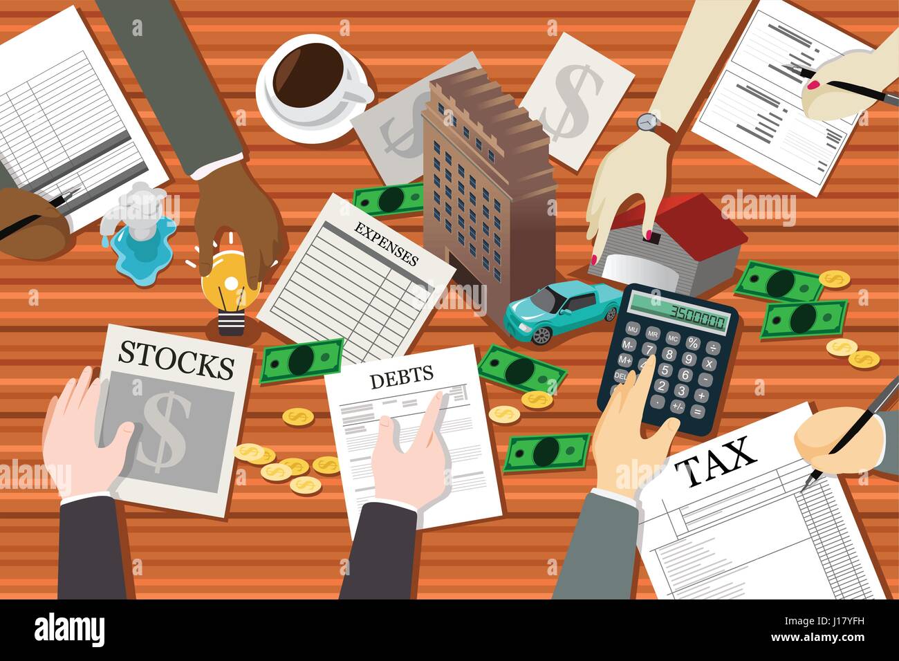 A vector illustration of people working on financial planning Stock Vector