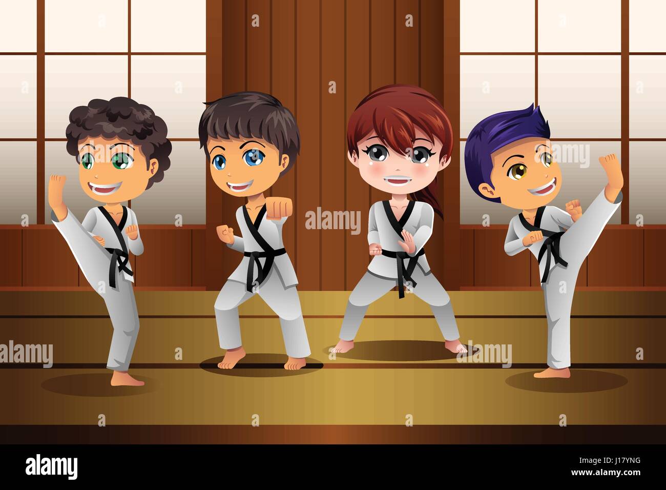A vector illustration of Kids Practicing Martial Arts in the Dojo Stock Vector