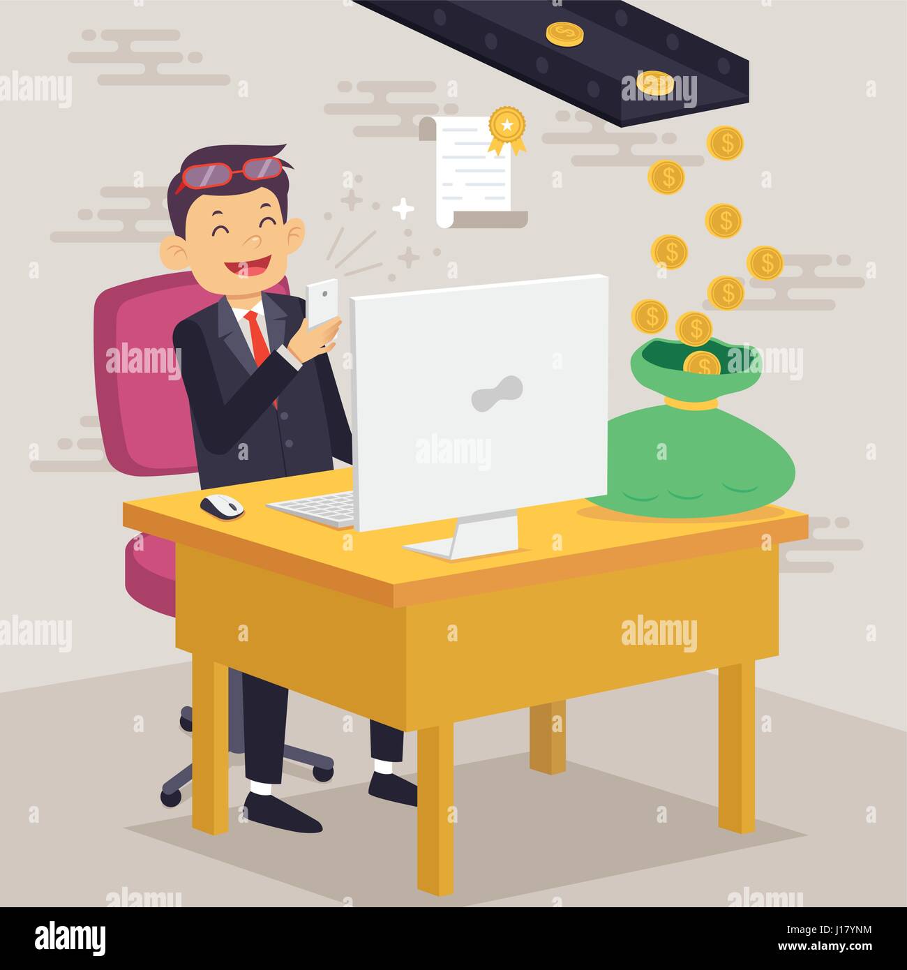 A vector illustration of a Happy Businessman Making Money Concept Stock Vector