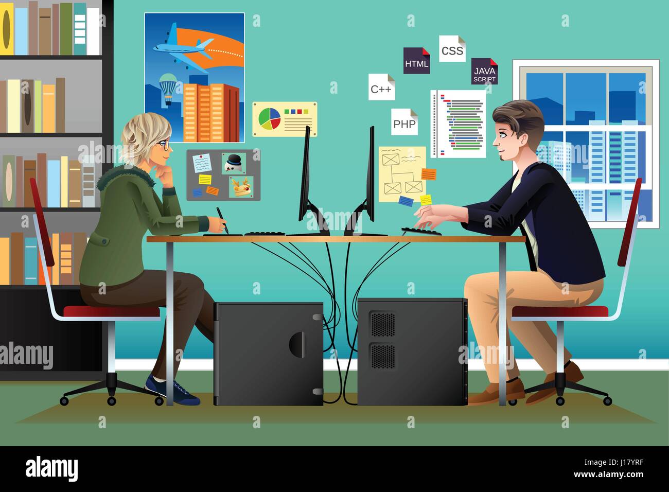 A vector illustration of Programmer and Designer Working in an Office Stock Vector
