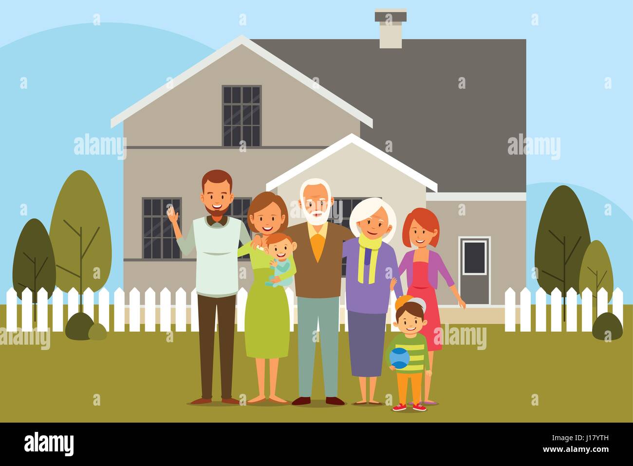 A vector illustration of Multi Generation Family in Front of a House Stock Vector