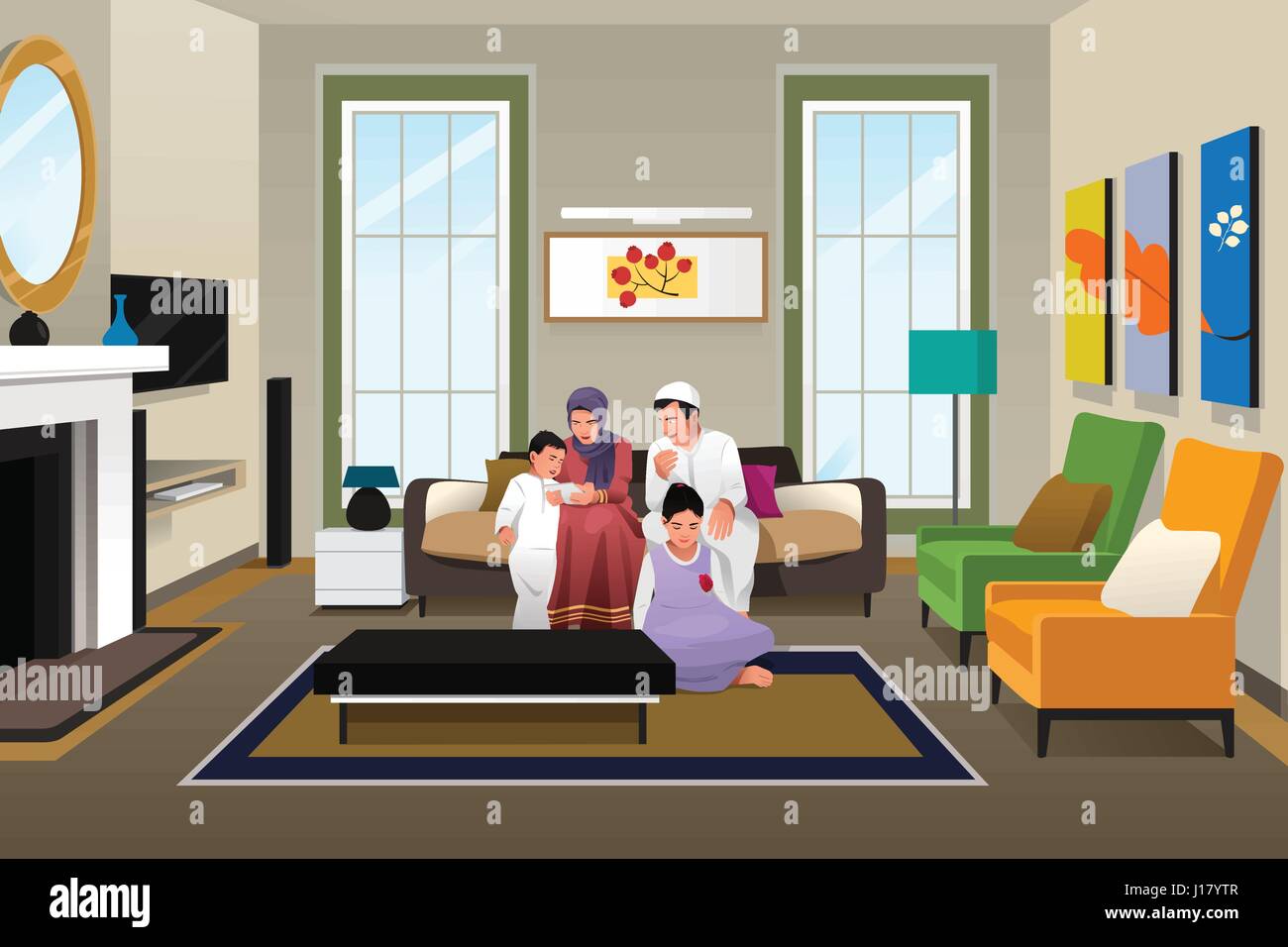 A vector illustration of Happy Muslim Family at Home Stock Vector