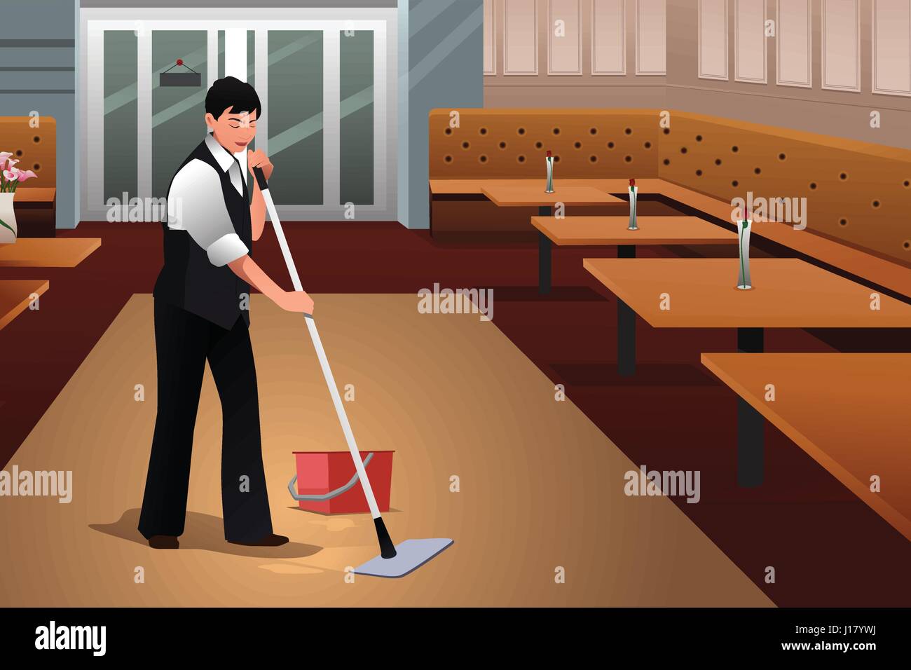 A vector illustration of Restaurant Worker Cleaning Restaurant After