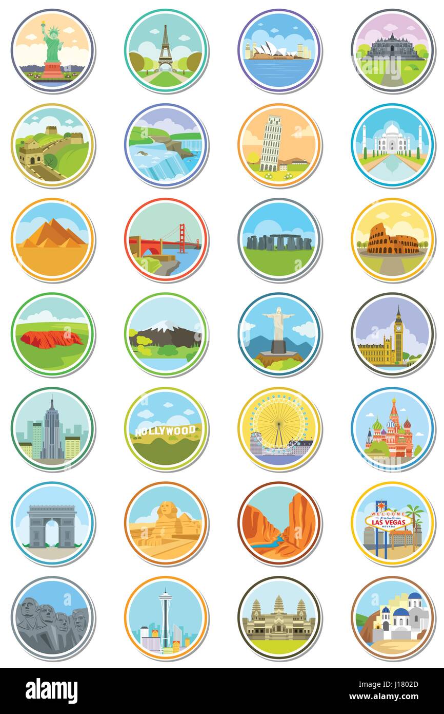 A vector illustration of World Landmarks Travel Icons Stock Vector