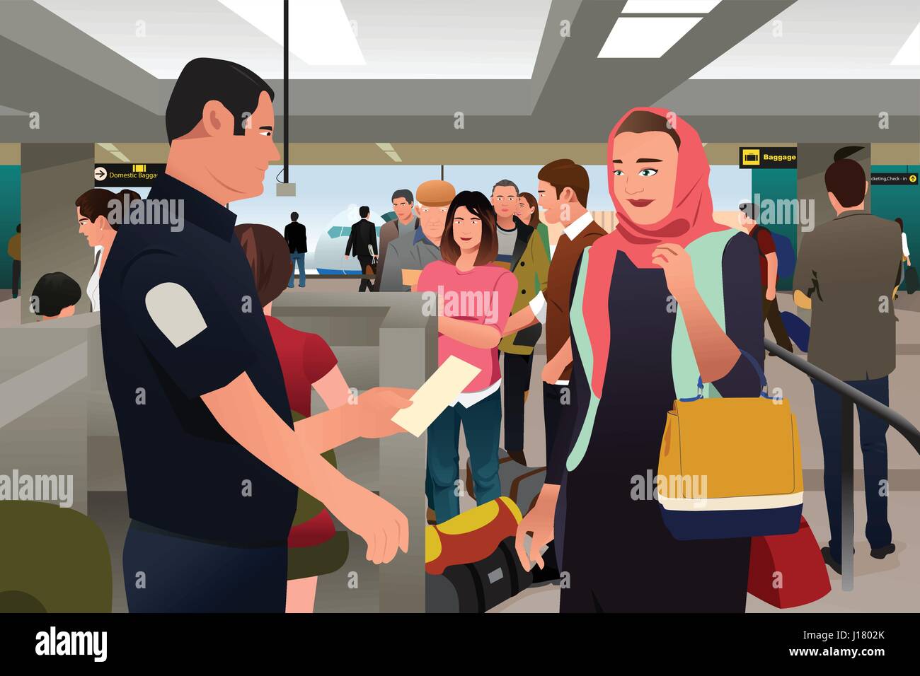 Airport Custom Control People Checking Luggage Stock Vector