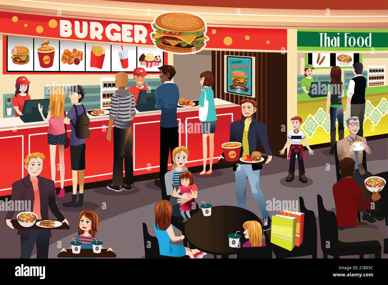 A vector illustration of People Ordering Food in Food Court Stock