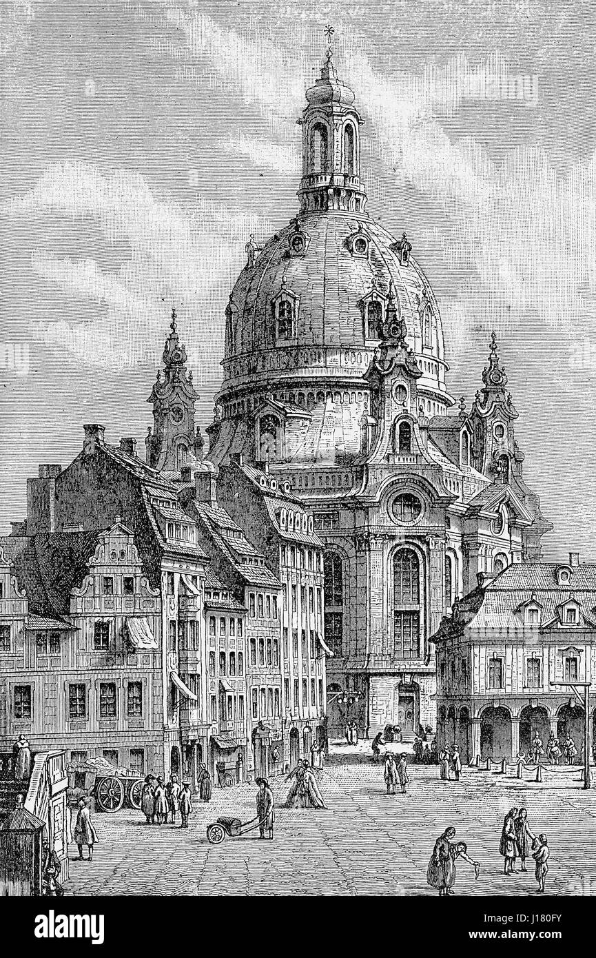 The Dresden Frauenkirche is a Lutheran church in Dresden built in the XVIII century in baroque style with one of the largest dome in Europe. It was completely destroyed during WWII and rebuilt after the reunification of Germany Stock Photo
