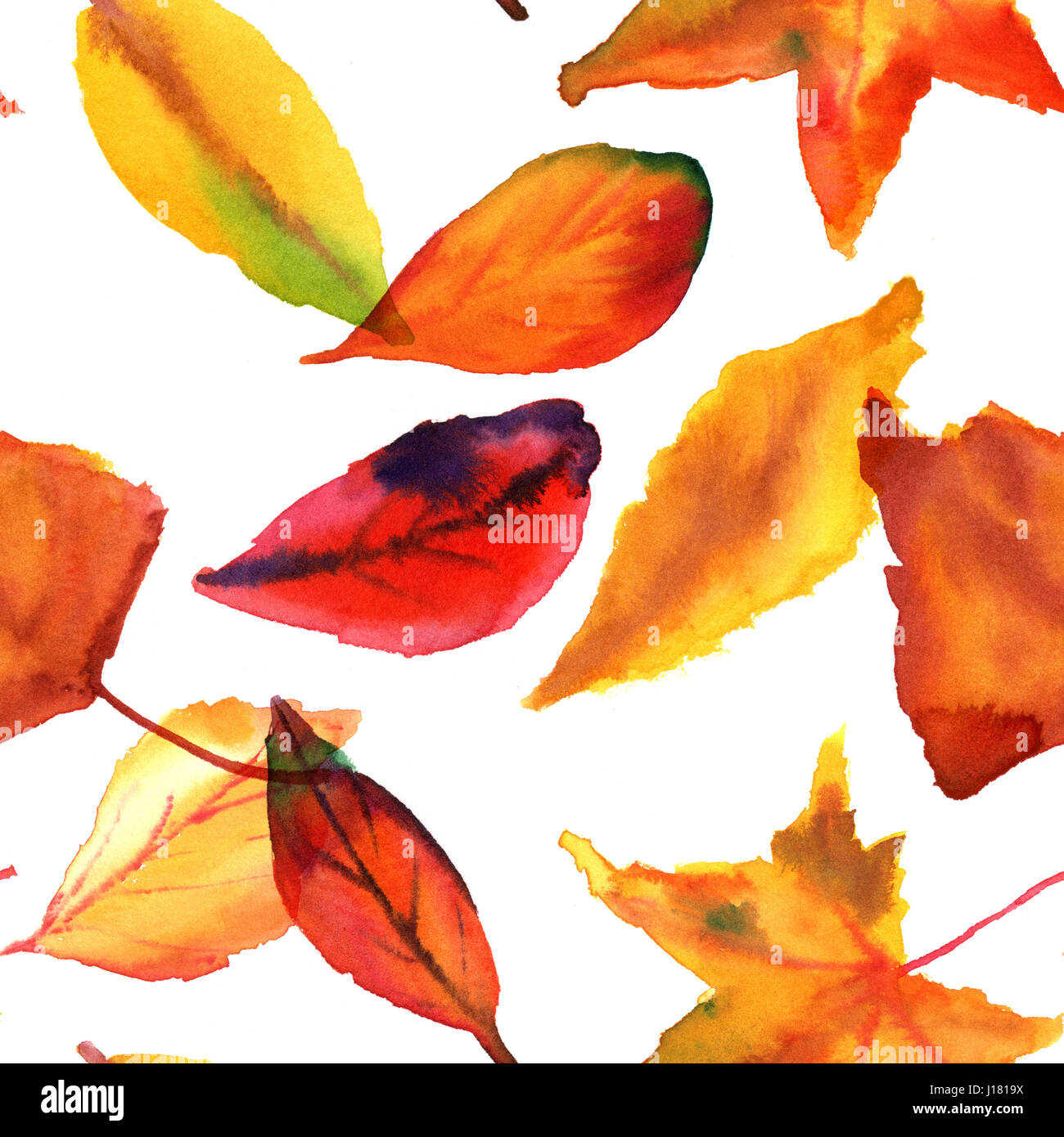 A seamless pattern with vibrant abstract watercolor leaves on white ...