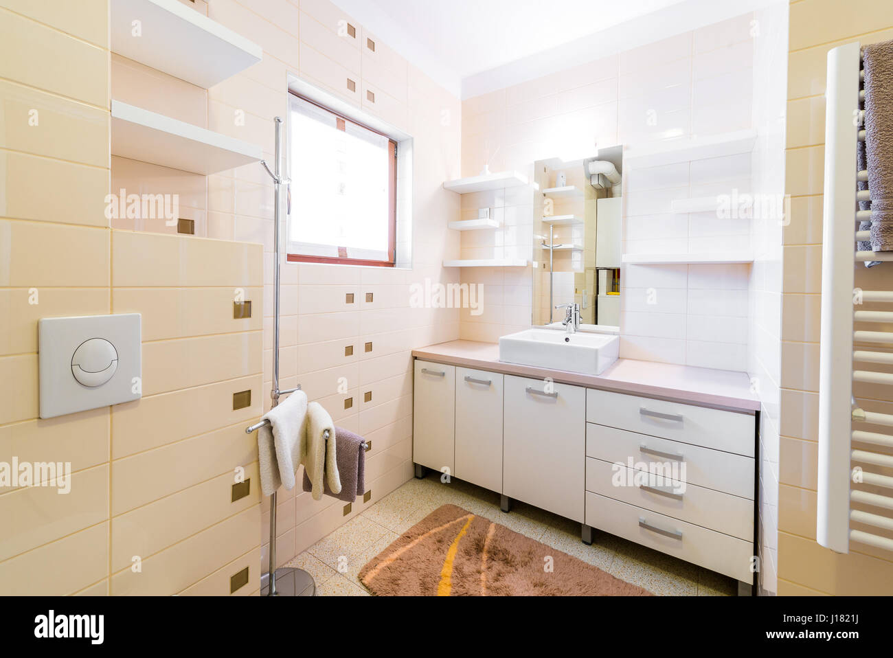Modern small hotel bath with shower, sink and toilet. Cozy and fancy