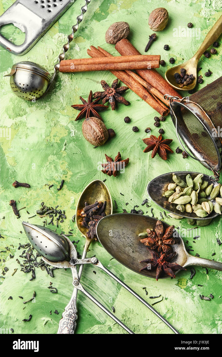 Set of spices of star anise ,cinnamon,cloves,nutmeg for warming teas