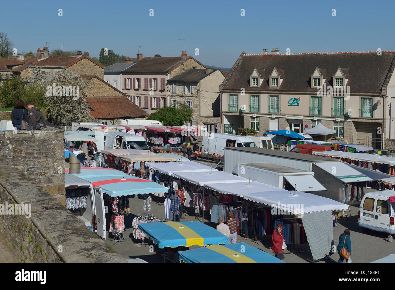 Market day at Bourganeuf  in the Creuse department in the Nouvelle-Aquitaine region in central France. Stock Photo