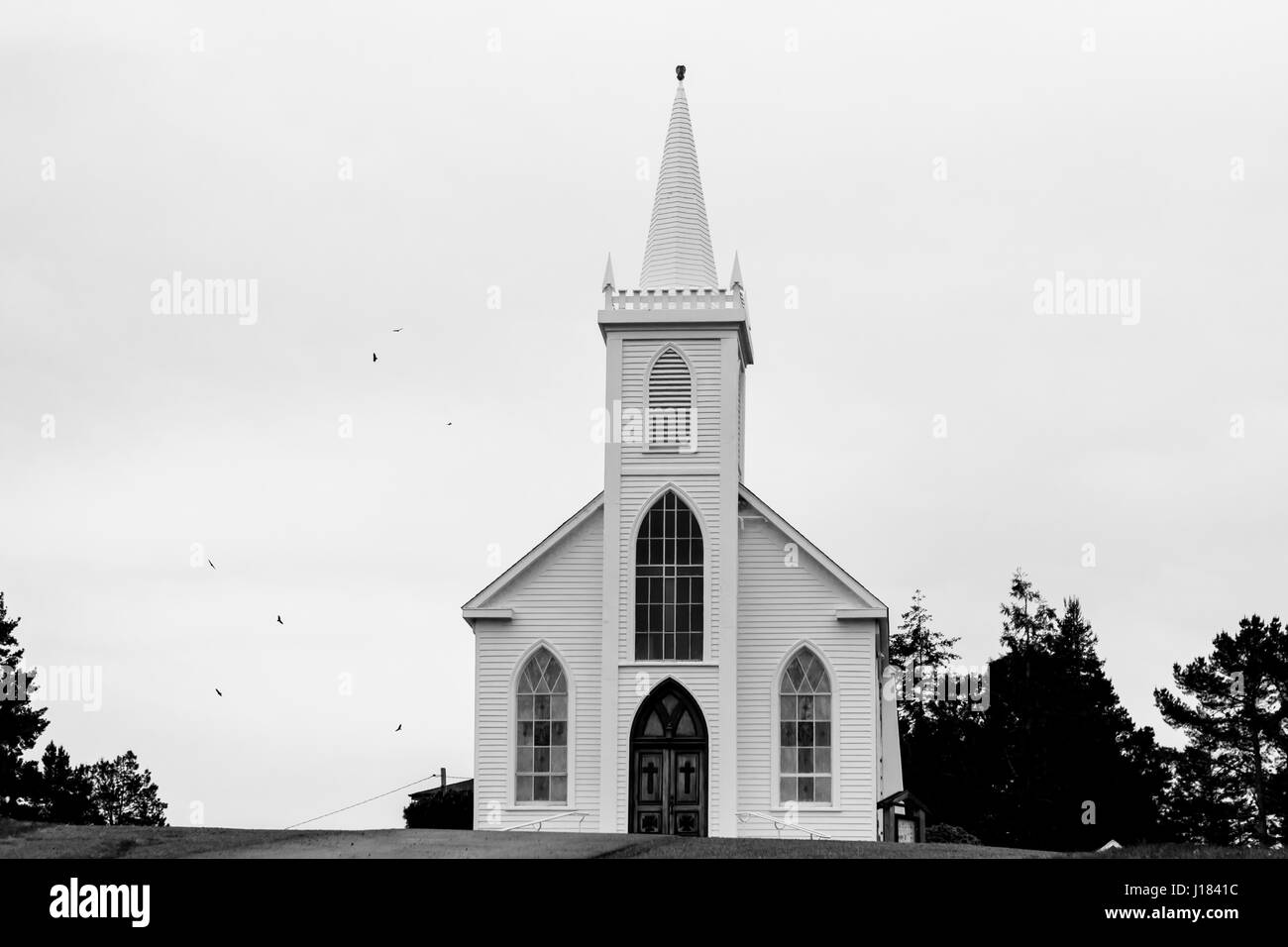 Church of Saint Teresa of Avila. This church, in Bodega, California is featured in the 1963 Hitchcock classic 'The Birds'. Stock Photo