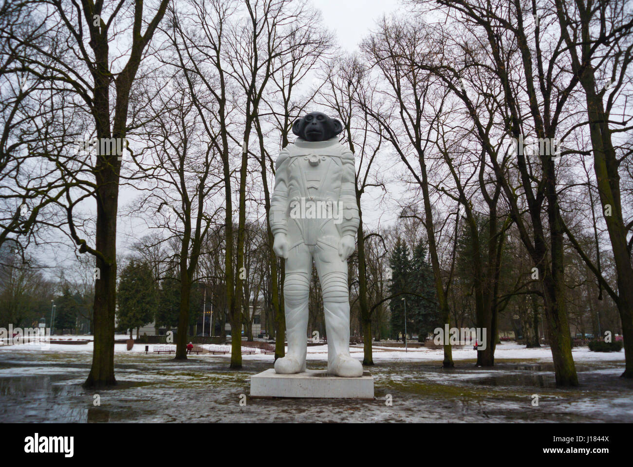 Sam, space monkey statue, 12 metre memorial for animals that died in space, Kronvalda parks, Riga, Latvia, Europe Stock Photo