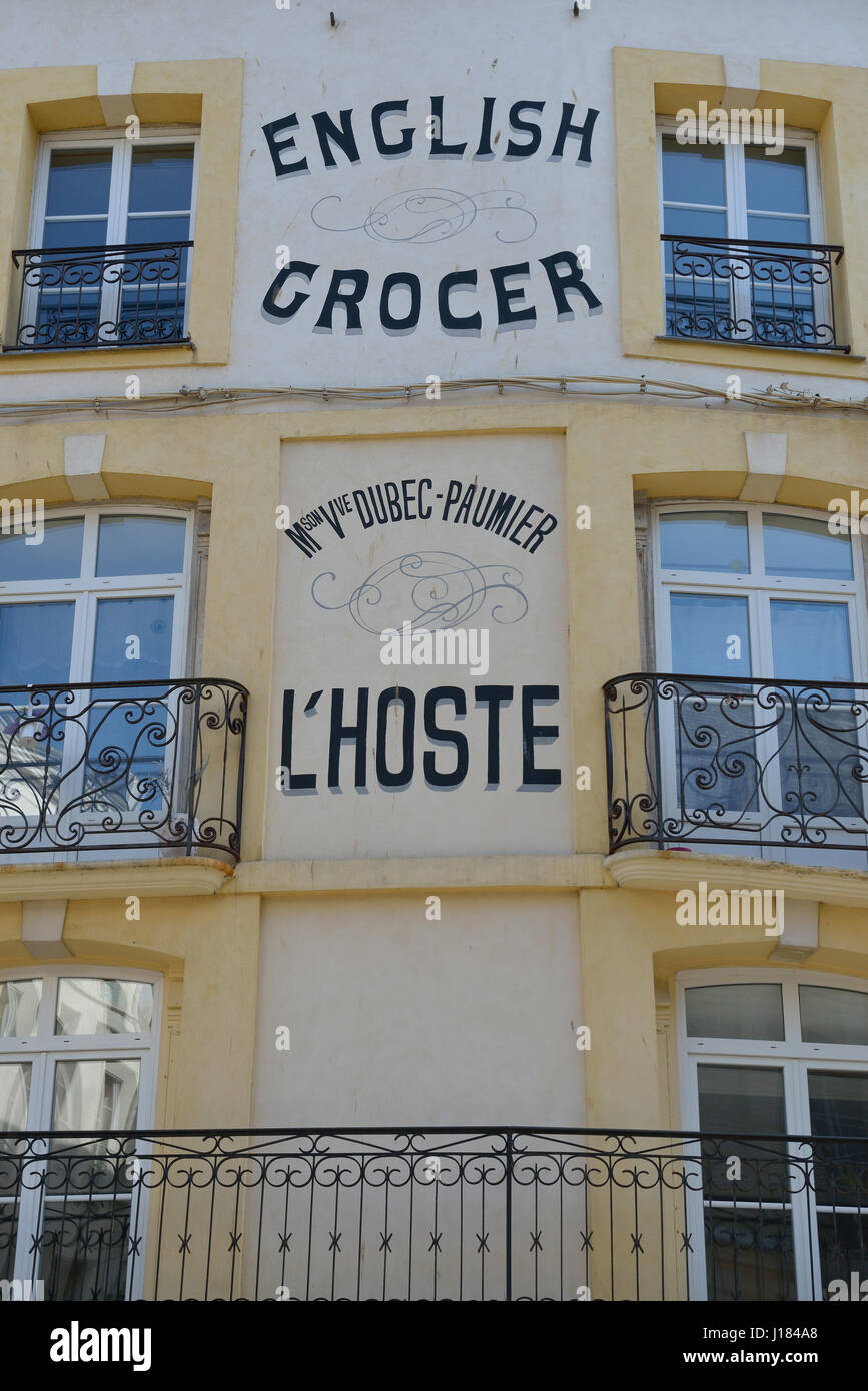 Old English grocer sign. Dieppe, Seine-Maritime, Haute-Normandie., France Stock Photo