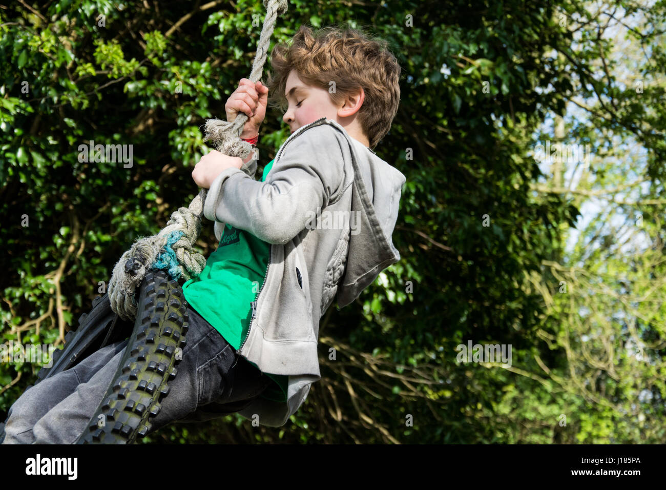 Boy playing on rope swing, UK Stock Photo