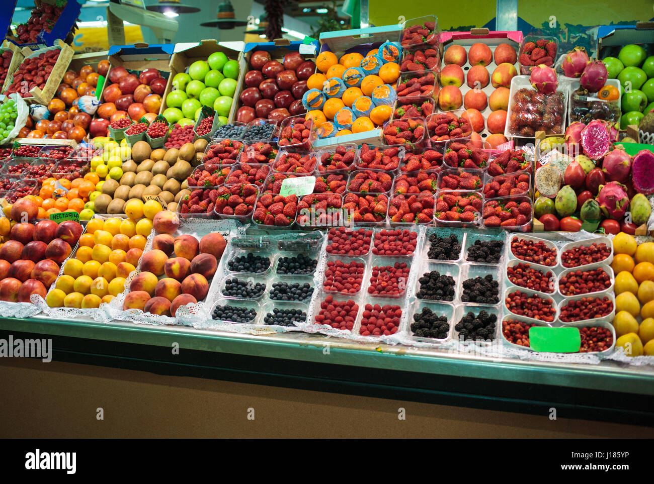 Fruits in baskets on market place Stock Photo Alamy