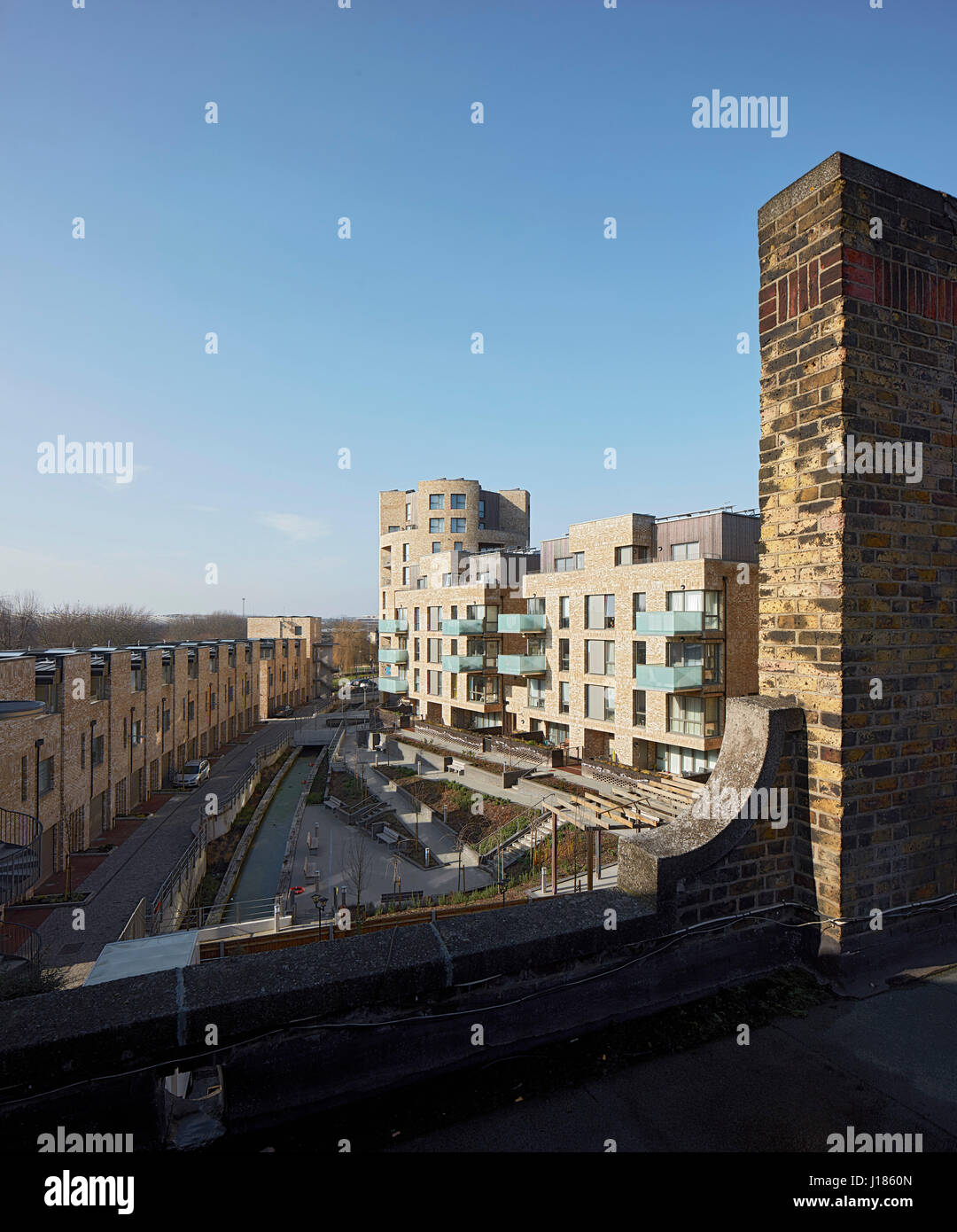 Elevated view across housing estate with communal garden. Stonebridge Park, London, United Kingdom. Architect: Cullinan Studio, 2016. Stock Photo