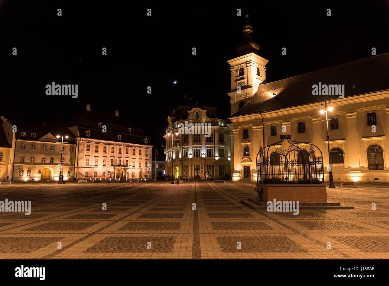 Piata Mare /Grand Square at Night - Sibiu, Romania Stock Photo