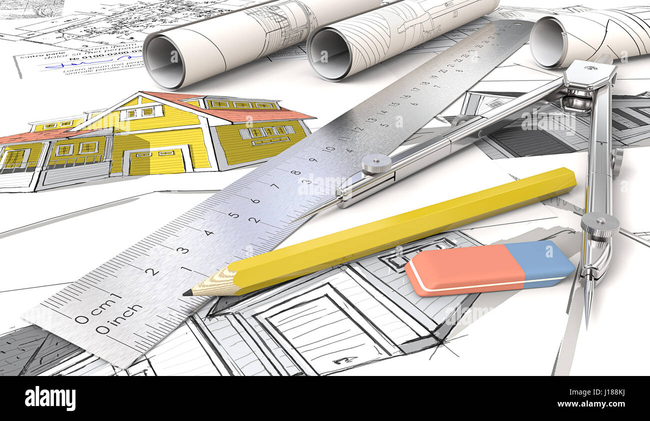 Yellow Theme Architectural house sketches. Rolls, Ruler, Pencil, Eraser and Divider of metal. 3D render. Stock Photo