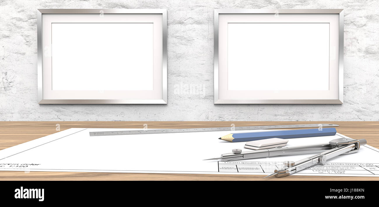 Blank blueprint on table. 2 Blank Picture Frames on white concrete Wall. Copy Space. Ruler, Pencil and Divider of metal. 3D render. Stock Photo