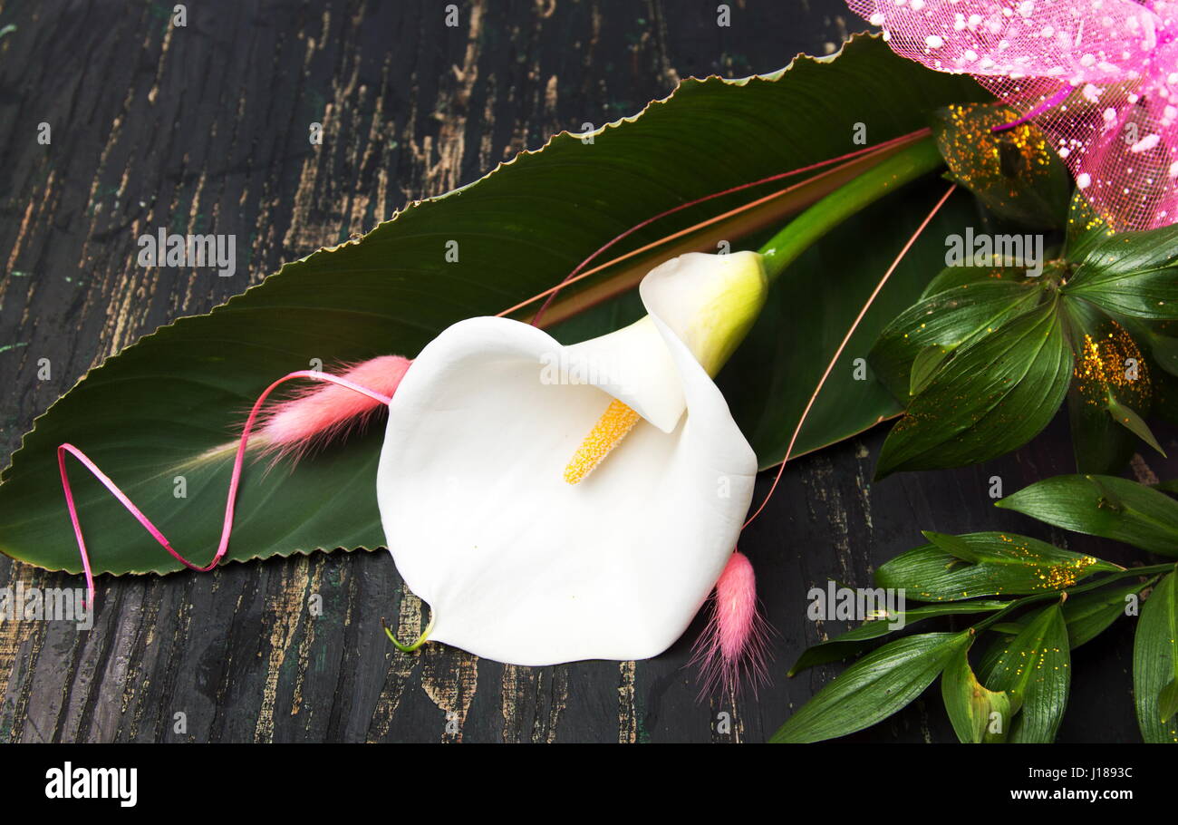 Calla Lily flower decorated bouquet on a table Stock Photo