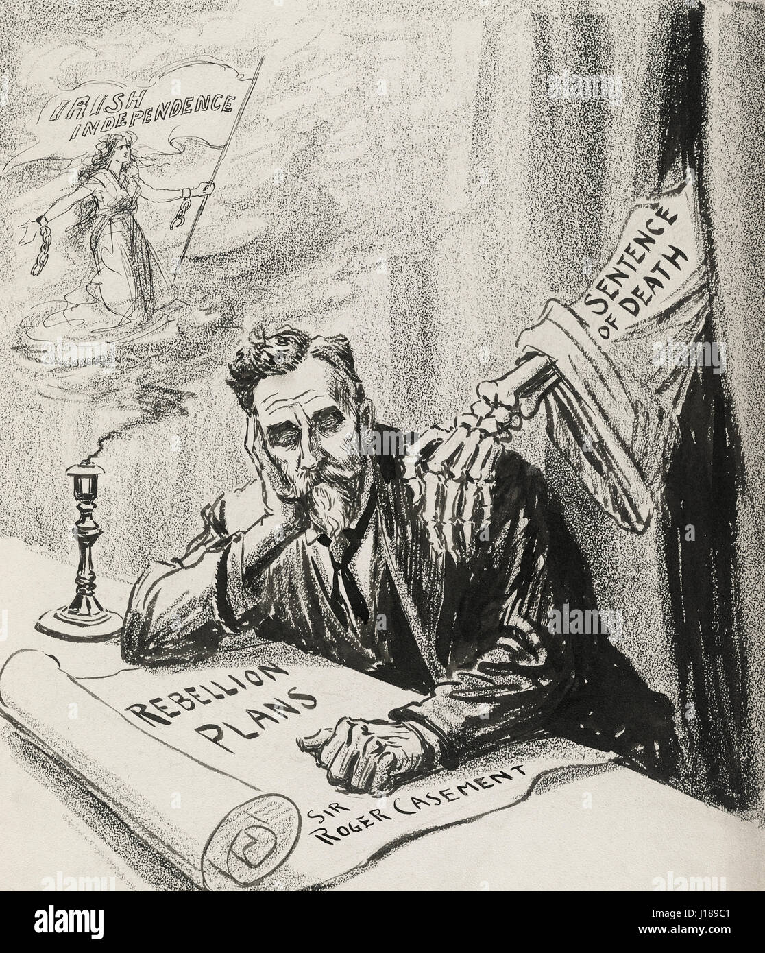 The fading dream, or the rude awakening. PoliticalCartoon shows a skeletal hand (labeled 'Sentence of Death') on the shoulder of Sir Roger Casement who holds a document labeled 'Rebellion Plans' and dreams of 'Irish Independence.' In 1916, the British hanged Casement (who had tried to enlist the help of the Germans in gaining Irish independence) as a traitor. 1916 Stock Photo