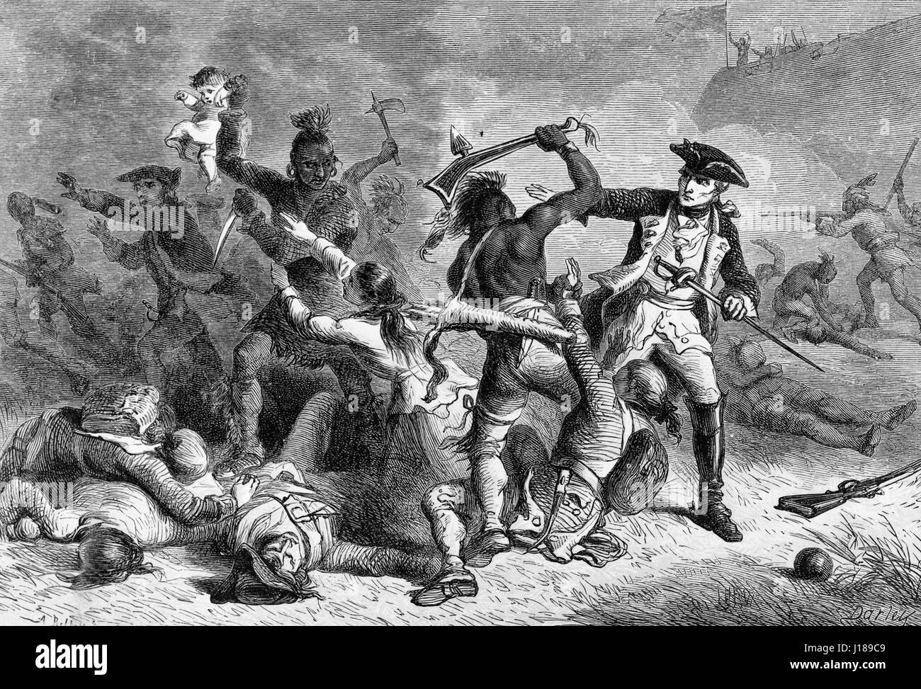 Louis-Joseph de Montcalm trying to stop Native Americans from attacking British soldiers and civilians as they leave Fort William Henry at the Battle of Fort William Henry during the French and Indian War Stock Photo
