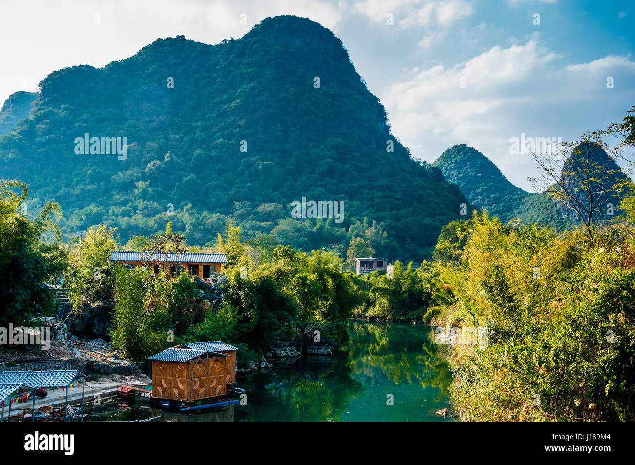 Beautiful river scenery with mountain background in Guilin, China. Stock Photo