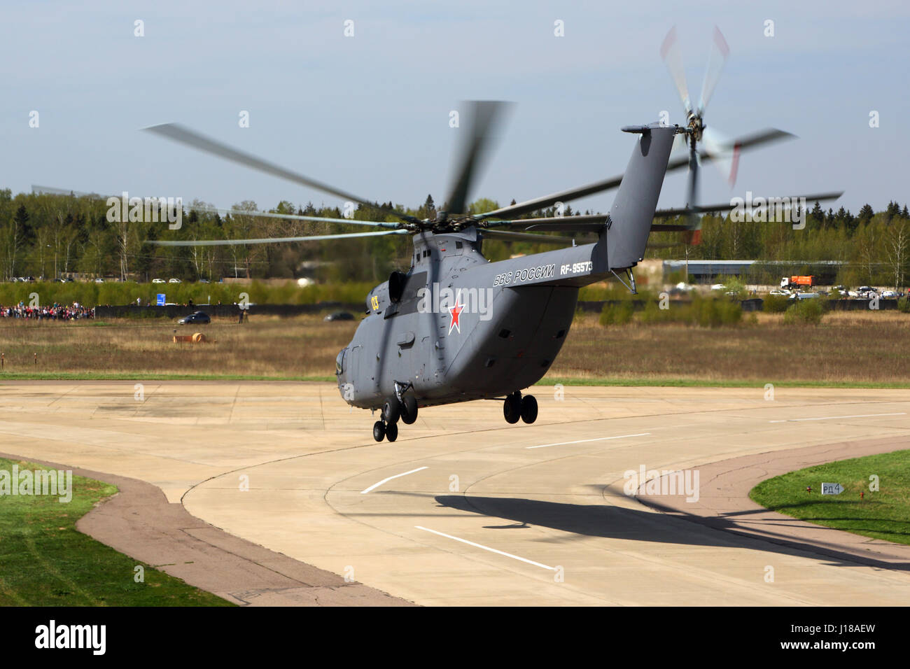 KUBINKA, MOSCOW REGION, RUSSIA - MAY 9, 2015: Mil Mi-26 RF-95573 helicopter of russian air force pictured departing Kubinka air force base on a victor Stock Photo