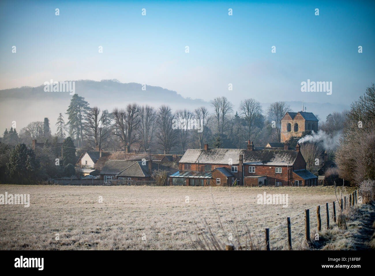 The village of Fingest from the East on a foggy, frosty, winter's morning, Stock Photo