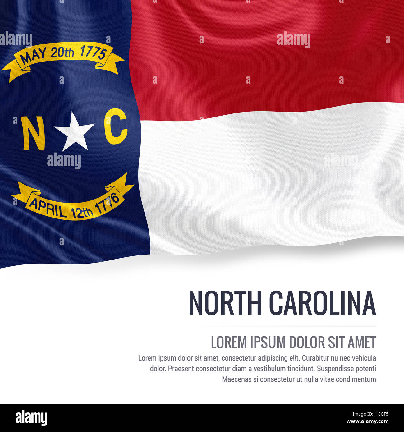 Flag of U.S. state North Carolina waving on an isolated white ...