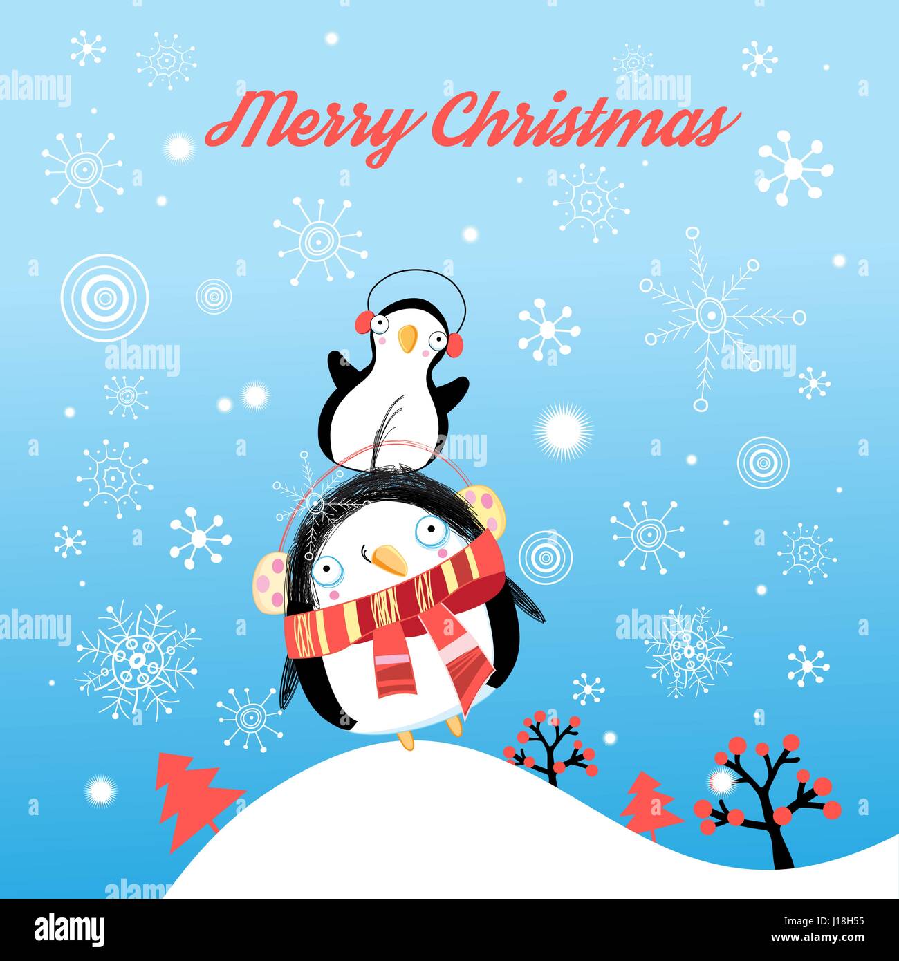 Funny Christmas card with penguins on a background with snowflakes ...