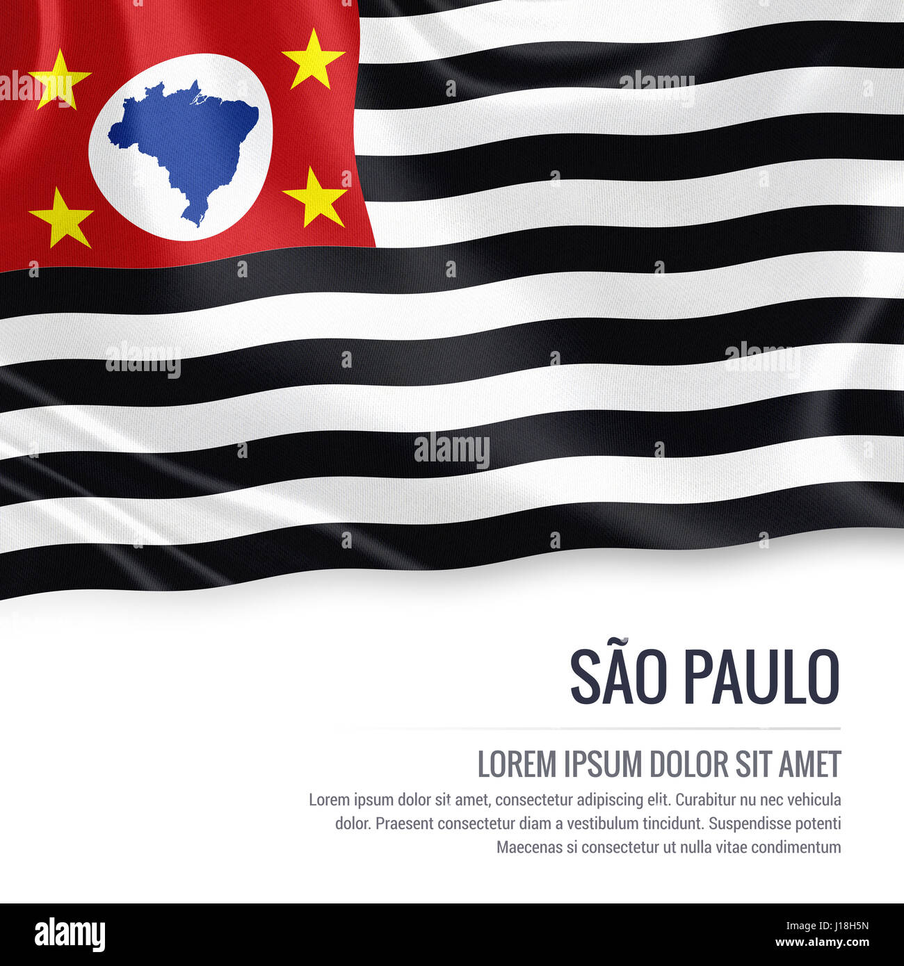 Flag of Brazilian state Sao Paulo waving on an isolated white background. State name and the text area for your message. Stock Photo