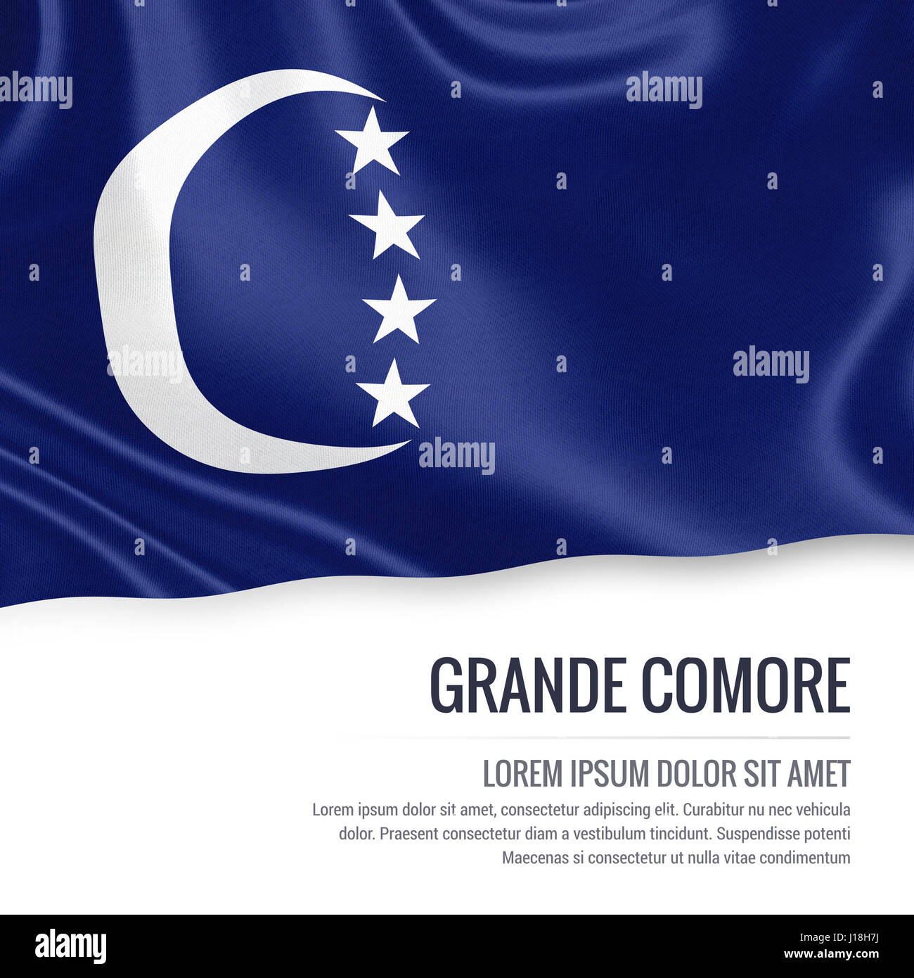 Flag of Comorian state Grande Comore waving on an isolated white background. State name and the text area for your message. Stock Photo