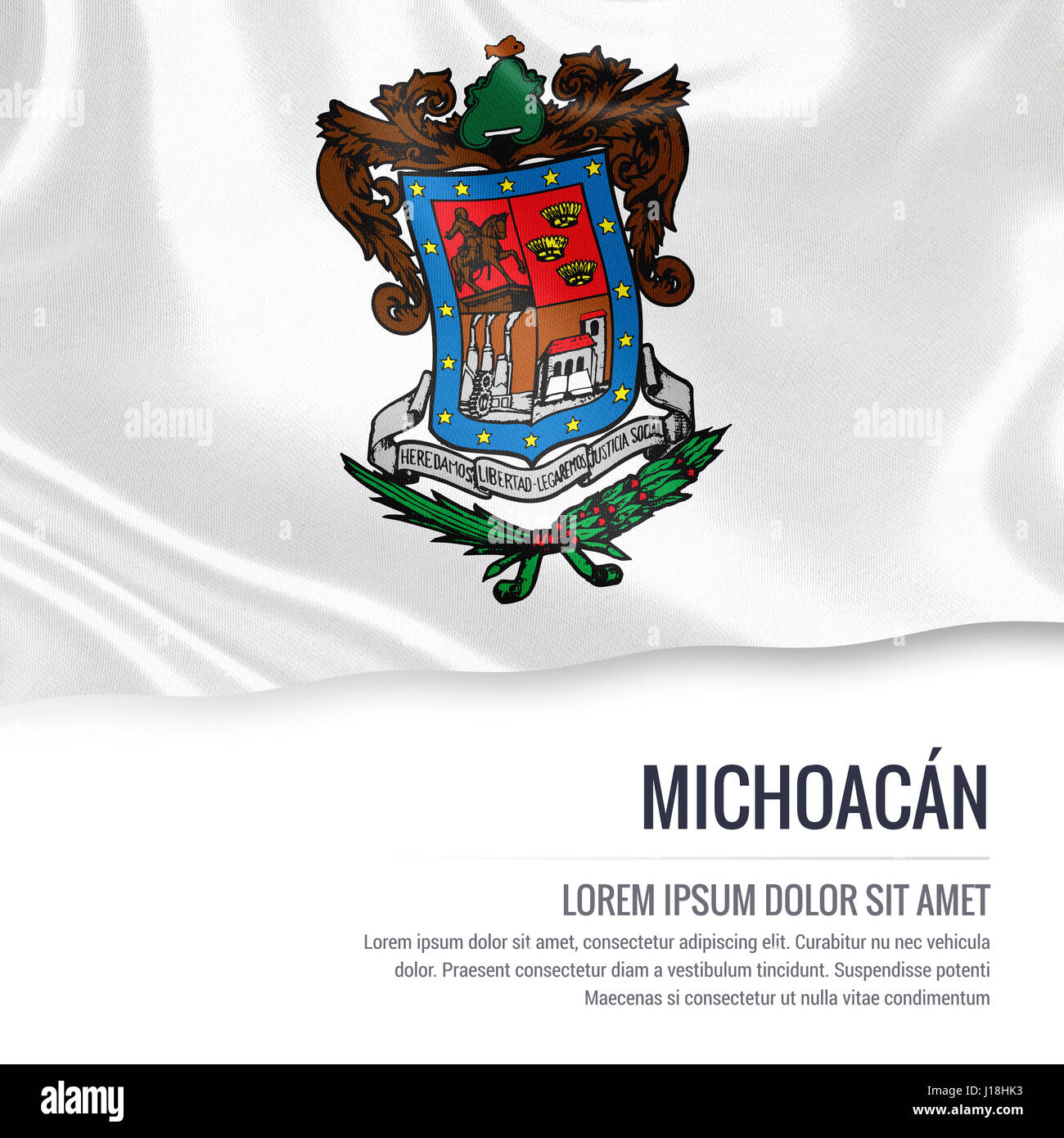 Flag of Mexican state Michoacan waving on an isolated white background. State name and the text area for your message. Stock Photo