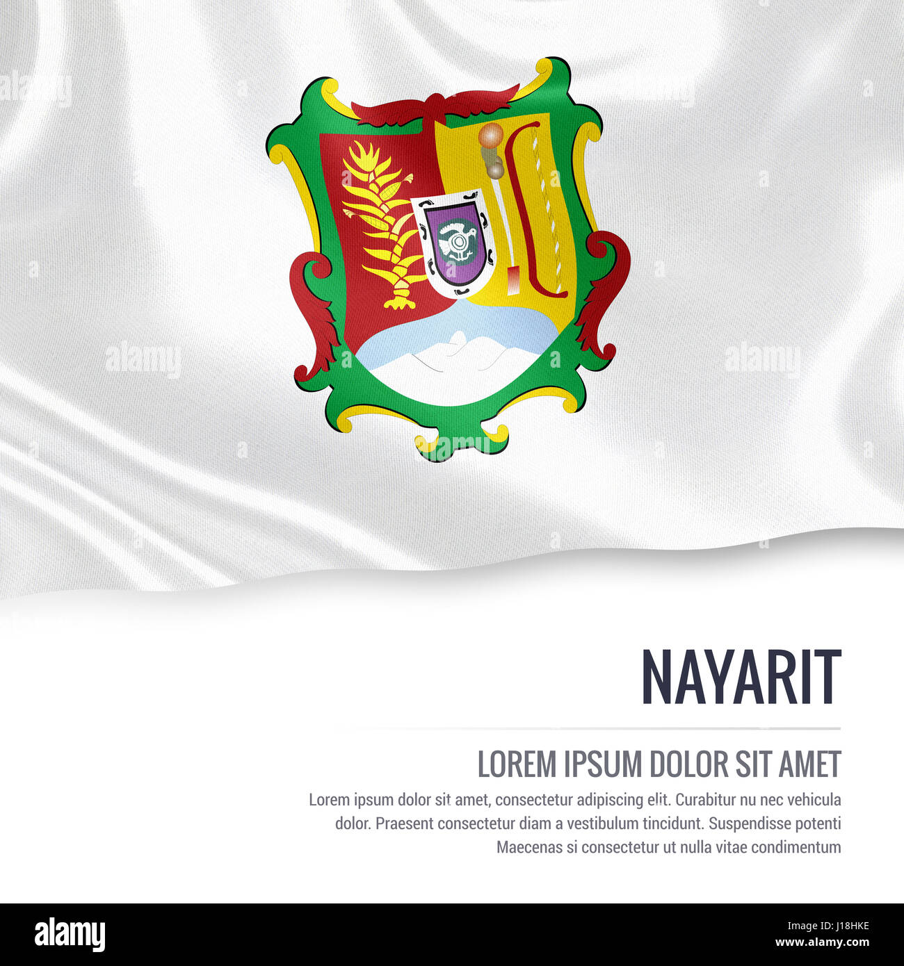 Flag of Mexican state Nayarit waving on an isolated white background. State name and the text area for your message. Stock Photo