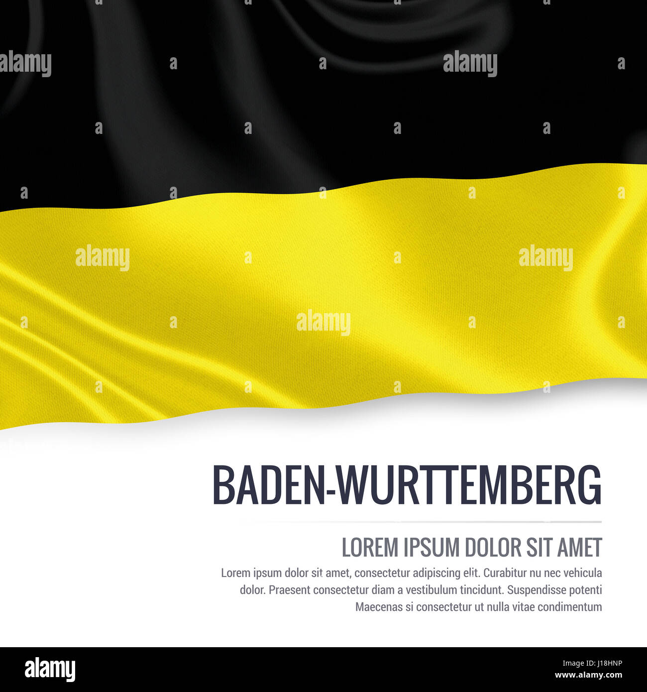 Flag of German state BadenWürttemberg waving on an isolated white background. State name and