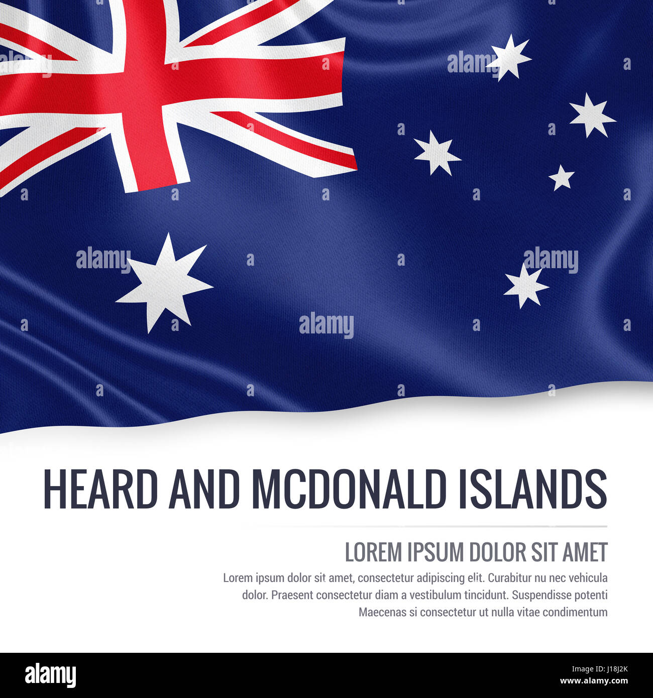 Flag of Australian state Heard and Mcdonald Islands waving on an isolated white background. State name and the text area for your message. Stock Photo