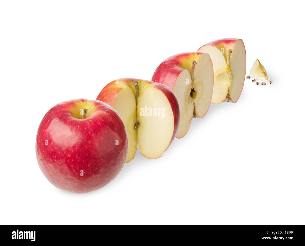 Fresh whole apple, cut in a half,three-quarter, quarter, up to zero isolated on white background Concept of the decreasing, reduction or subsidence an Stock Photo